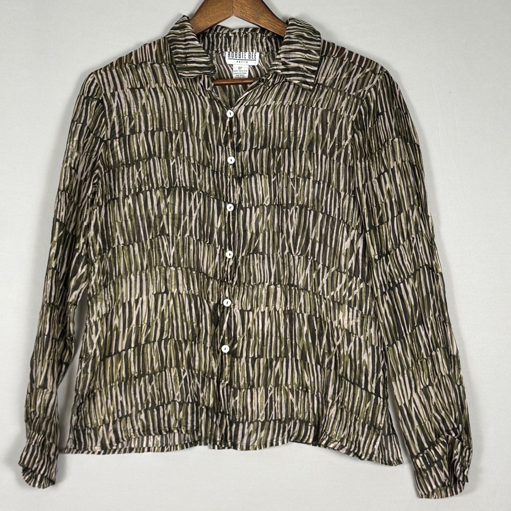 Robbie Bee Silk Button Down Shirt Womens 8P Olive Green Abstract Good Condition